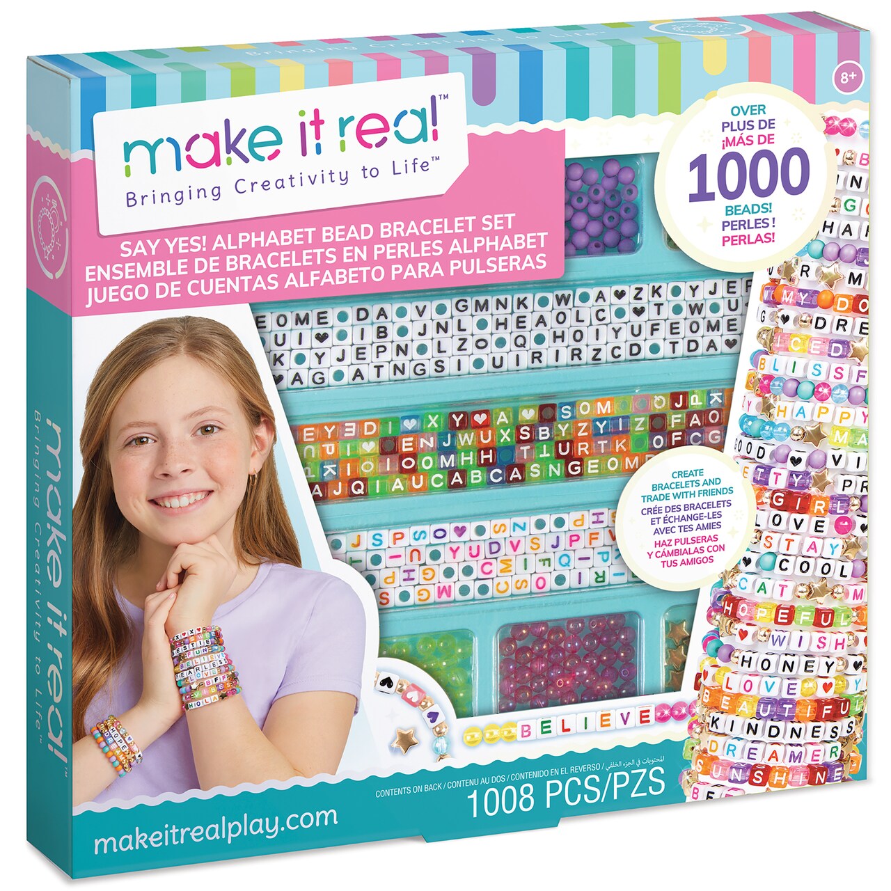 Make It Real: Say Yes! Alphabet Bead Bracelet Set - 1008pc DIY Jewelry Kit, Colorful ABC & Circle Beads, Spell Words & Names, Craft Kids Ages 8+
